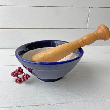 Vintage Blue Ceramic Mortar And Wood Pestle Pharmacy Apothecary // Wood Pill Crusher, Spice Crusher // Perfect Gift // Wood Shrine Display 
