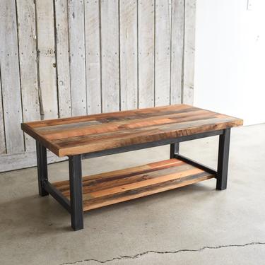 Industrial Coffee Table with Lower Shelf / Rustic Reclaimed Patchwork Table 