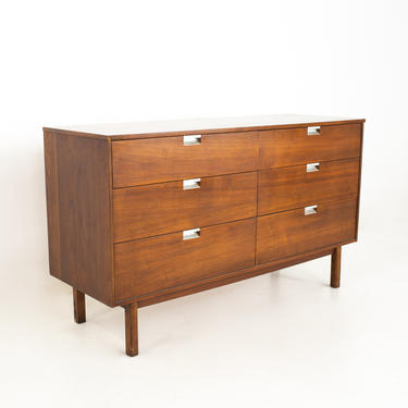 George Nelson Style Bassett Furniture Mid Century Walnut Formica and Stainless Steel 6 Drawer Lowboy Dresser - mcm 