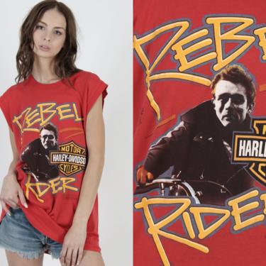 Harley Davidson Muscle T Shirt / 80s James Dean Graphic 50 50 Tee / Rebel Rider King Of Cool SSI Soft Thin T Shirt 