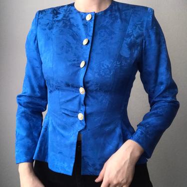 207) VINTAGE  royal blue jacquard 80s fitted peplum top button down long sleeve women’s small 4 6 pearl gold buttons 