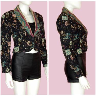Vintage 90s Jacket Black Quilted Art Deco Cropped Jacket Size XS-Small by VintageAlleyShop