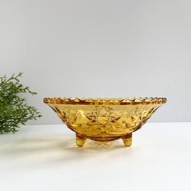 Vintage Amber Glass Footed Bowl, Gold Pressed Glass Three Footed Dish 