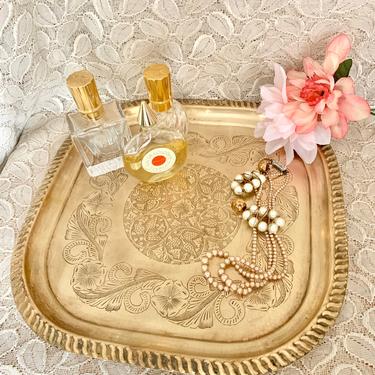 Vintage Brass Tray, Ornate Engraved Design,  Handles, Ruffled Edges, Dresser Top, Sustainable Home Decor 