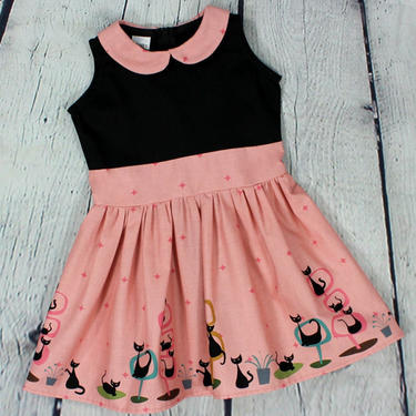 Girls Retro Cat Pleated Dress - 2T, 4T, 6T, 8, 10 / Little Girls / Toddler Dress 