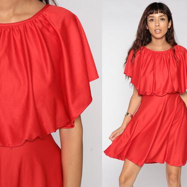 70s Party Dress 1970s Red Grecian Dress High Waist 70s Boho Mini CAPELET Drape Gown Cape Formal Bohemian Cocktail Small xs s 