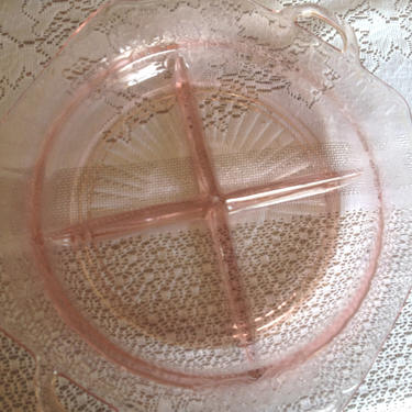 Elegant Pink &amp;quot;Mayfair Open Rose&amp;quot; pattern depression glass divided relish dishes with handles- Grill Plate Anchor Hocking 