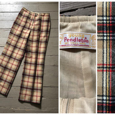 true vintage ‘60s ‘70s Young Pendleton plaid wool ladies pants / 1970s tan, black &amp; red classic tartan wide leg trousers 