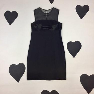 90's sleek minimal sheer panel dress 1990's little black satin rayon floating strapless illusion dress / Posh Spice / professional sexy 8 M 