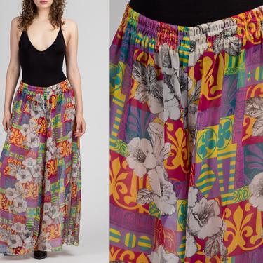 Vintage High Waisted Sheer Floral Palazzo Pants - Medium to XL | 80s Boho Wide Legged Trousers 