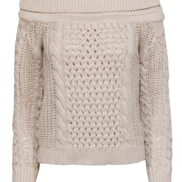 Intermix - Cream Off-the-Shoulder Cable Knit Wool Blend Sweater Sz S