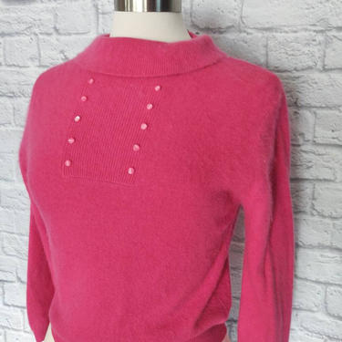 Vintage Pink 50s Toni-Ann Angora Wool Sweater // Soft Cowl Neck with Buttons 