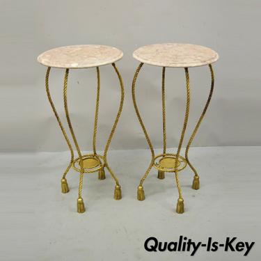Italian Gold Gilt Iron Rope Tassel Marble Top Tall Pedestal Plant Stand - a Pair