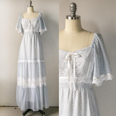 1970s Maxi Dress Boho Peasant Gown M 