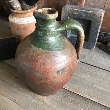 Antique French Pottery Jug, Green Glazed Pitcher, Rustic Stoneware, Terra Cotta, Wine, Water, Rustic French Farmhouse, Farm Table 