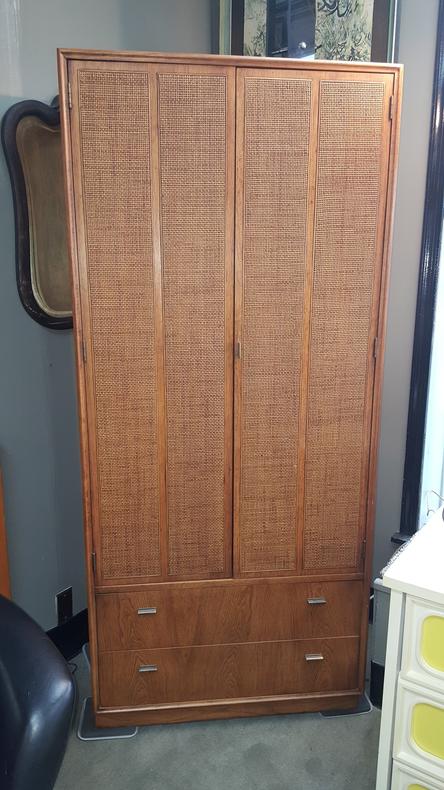 Mid-Century Walnut Armoire with Rattan Doors by Founders