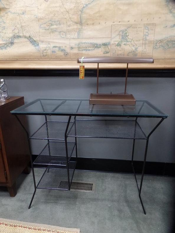 Mid-Century Modern wrought iron desk with glass top