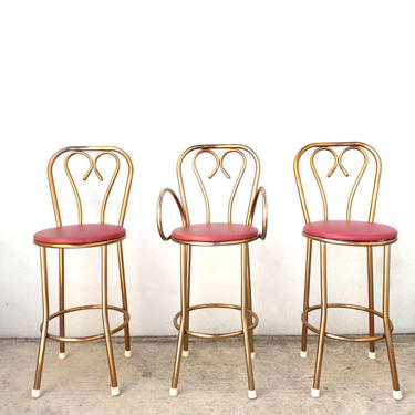 Brass with Pink Seat Thonet Style Bar Stools