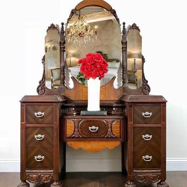 Spectacular Antique Vanity with Tiara Mirror &amp; Bench