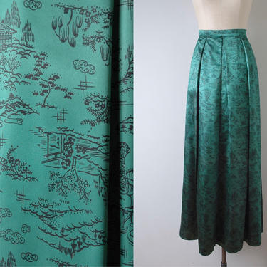 1940s Green + Black Satin Asian Print Hostess Skirt 