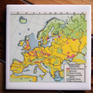1962 Europe Predominant Economies Handmade Repurposed Vintage Map Coaster - Ceramic Tile - Repurposed 1960s Prentice Hall Atlas 