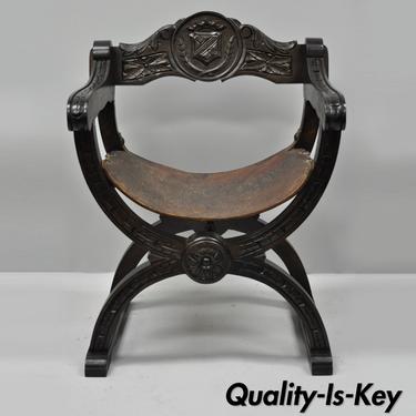 Antique Renaissance Revival Pine &amp; Leather Sling Curule Throne Chair Armchair