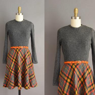 vintage 60s dress | Adorable Cozy Gray Wool Plaid Print Winter Dress | Small | 1960s vintage dress 