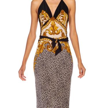 Morphew Collection Black Gold Silk Twill Versace Style Print Sagittarius Multi-Way Scarf Dress Made From Vintage Scarves 