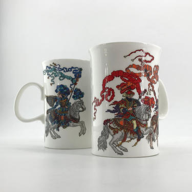 1980s Vintage Fine Bone China Gucci Coffee Mugs Blue + Red Knight Designs Gold Trim Mid-Century Luxury Lux Medieval Middle Ages Motif 
