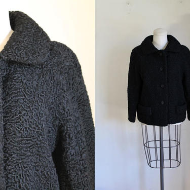 Vintage 1950s Black Lamb Fur Jacket / M 