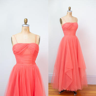1950s Salmon Pink Tulle Gown / 50s Evening Gown Prom Dress 