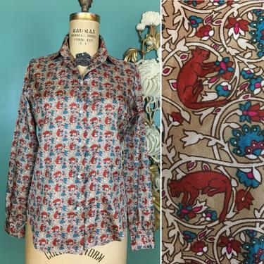 1970s blouse, button up shirt, novelty print, vintage blouse, size small Stuart lang, cat print, polyester satin, brown and teal, 32 bust 