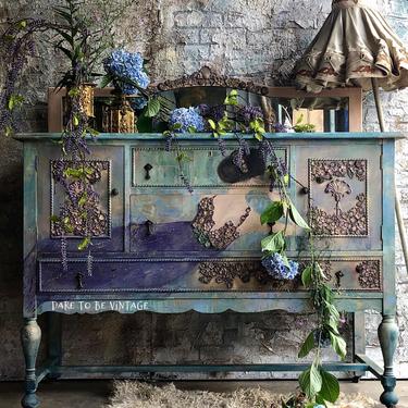 Hand Painted Buffet Server  Ms. Violet - Vintage Buffet Sideboard - Entryway Buffet - Whimsical Art - Painted Furniture - Bohemian Buffet 