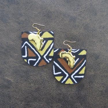 African print earrings, Ankara earrings, wood earrings, bold statement earrings, Afrocentric earrings, yellow brown earrings, batik earrings 