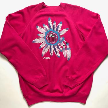 NEW Old Stock Vintage 1980s HANES Pink Raglan Sweatshirt ~ fits M ~ Arizona ~ Southwestern ~ Native American Crewneck ~ Jumper ~ 