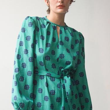 1980s Turquoise Key Print Trapeze Dress 