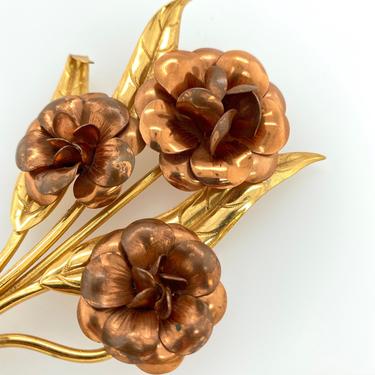 Vintage Lovely Copper Brass Flower Leaves Bouquet Pin Brooch Retro 