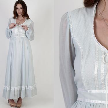 Gunne Sax Baby Blue Maxi Dress / Romantic Renaissance Bridal Collection / Lace Tiered Romantic Corset Dress Size 9 