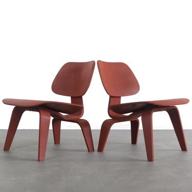 Set of Two Custom Charles and Ray Eames for Herman Miller LCW Lounge Chairs Powder Coated in Rust Red 