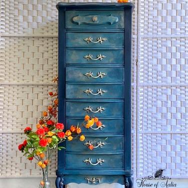 Vintage French provincial lingerie dresser. Blue and Gold Vintage Lingerie Dresser. Vintage Lingerie Chest. 