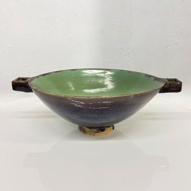 Sculptural Green Pottery Modern Art Bowl Oval design with handles Signed 