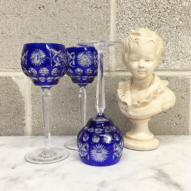 Vintage Wine Glasses Retro 1930s Bohemian Glass + Cobalt Blue + Cut To Clear + Etched Crystal + Czech + Set of 3 + Kitchen and Bar Decor 
