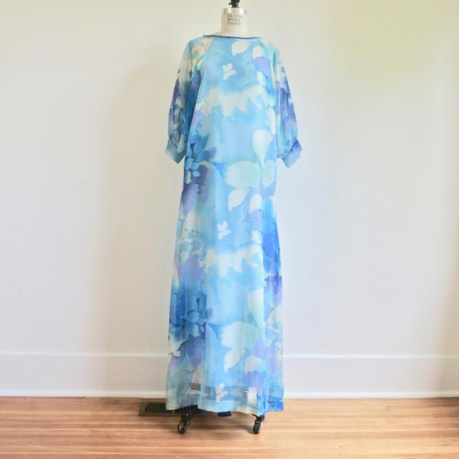 Vintage 1970's Blue Floral Chiffon Long Maxi Dress Caftan Muumuu Long Sleeves Loungewear Resort Maeko's Medium Large 