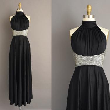 vintage 1970s | Gorgeous Black Silver Beaded Halter Cocktail Party Dress | Small | 70s dress 