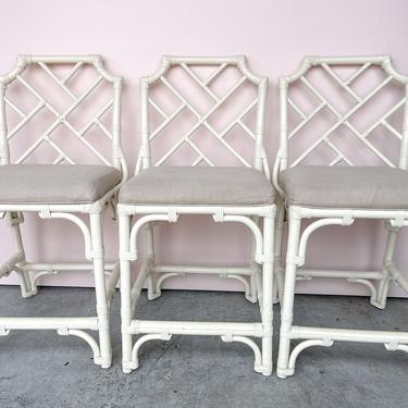 Set of Three Rattan Chippendale Stools