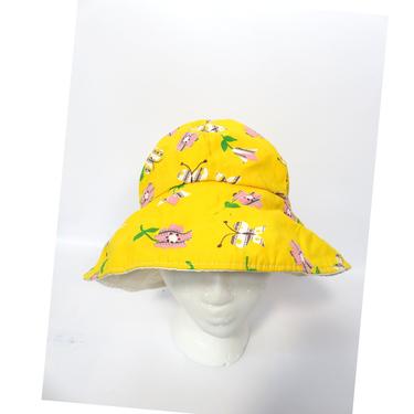 Vintage 60s Mod Flower Power Butterfly Print Sunshine Yellow Cotton Bucket Hat Size S 