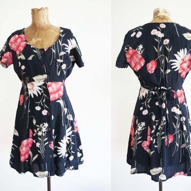 Vintage 90s Floral Mini Dress XS S - 1990s Grunge Button Front Dress - 90s Clothing - Navy Blue Pink Floral Sundress - Empire Waist Dress 