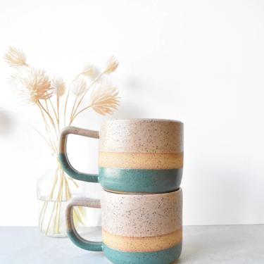Short Speckled Stoneware Desert Pink and Forest Green Color Block Handmade Ceramics Mug 