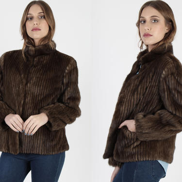 Vintage 80s Brown Mink Fur Jacket Casual Winter Ribbed Corded Plush Collar Suede Trim Waist Coat Pockets Lined Jacket 