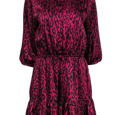 Rebecca Minkoff - Dark Fuchsia & Black Leopard Print Satin Dress w/ Flounce Hem Sz M